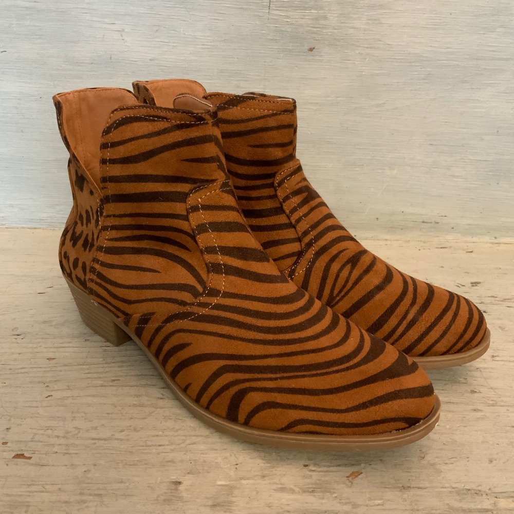 True Craft "TC-Tessa" Faux Suede Zebra Print Heeled Ankle Booties Size 8.5 LN